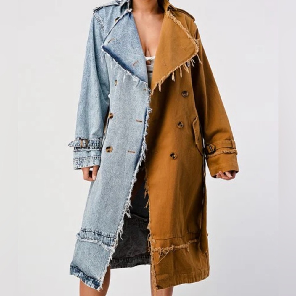 Denim and khaki trench coat.